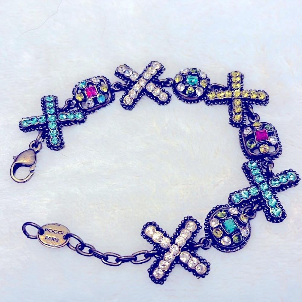 Poggi of Paris -Bracelet: vintage, SIGNED, colorful, rhinestone, XO kisses/hugs